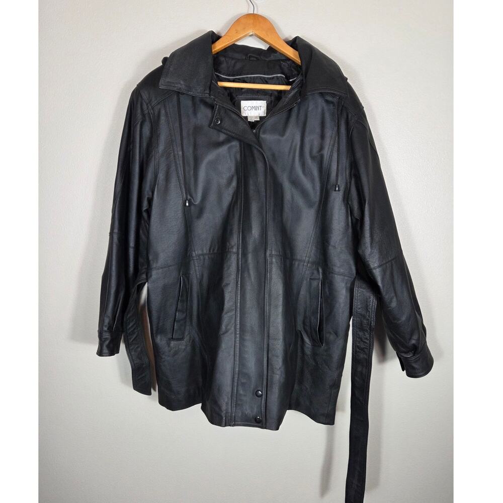 Comint Men's Vintage Black Leather Hooded Full Zip Jacket Size XL